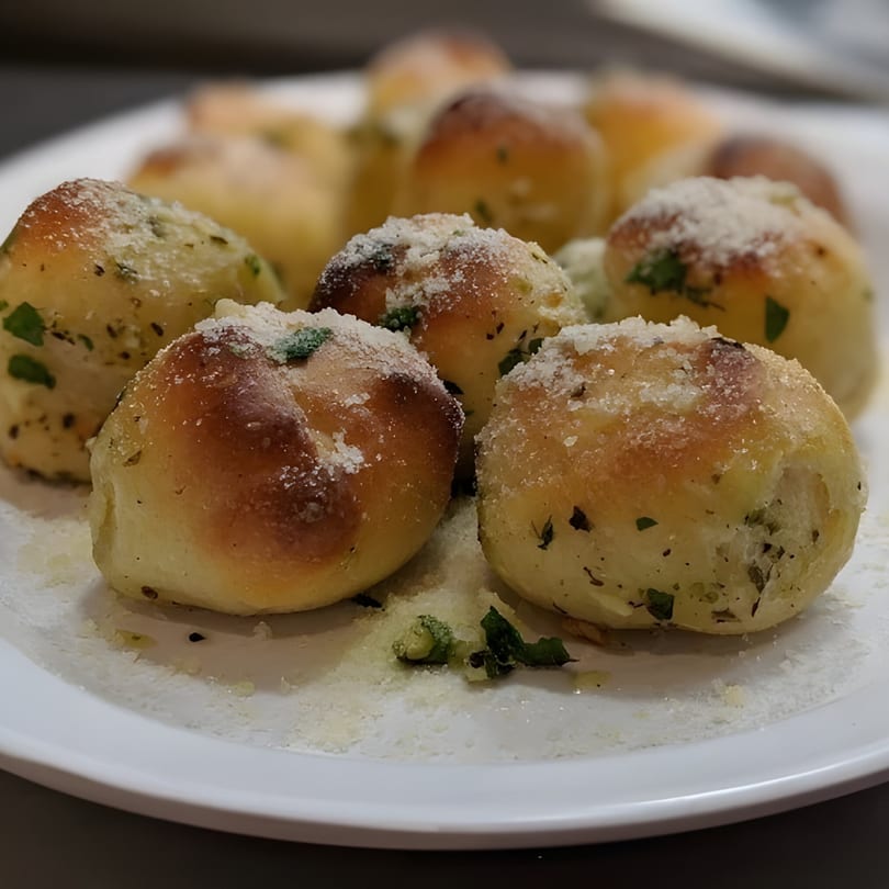 Close-up of golden-brown Italian garlic knots, sprinkled with Parmesan cheese and herbs on a white plate.
