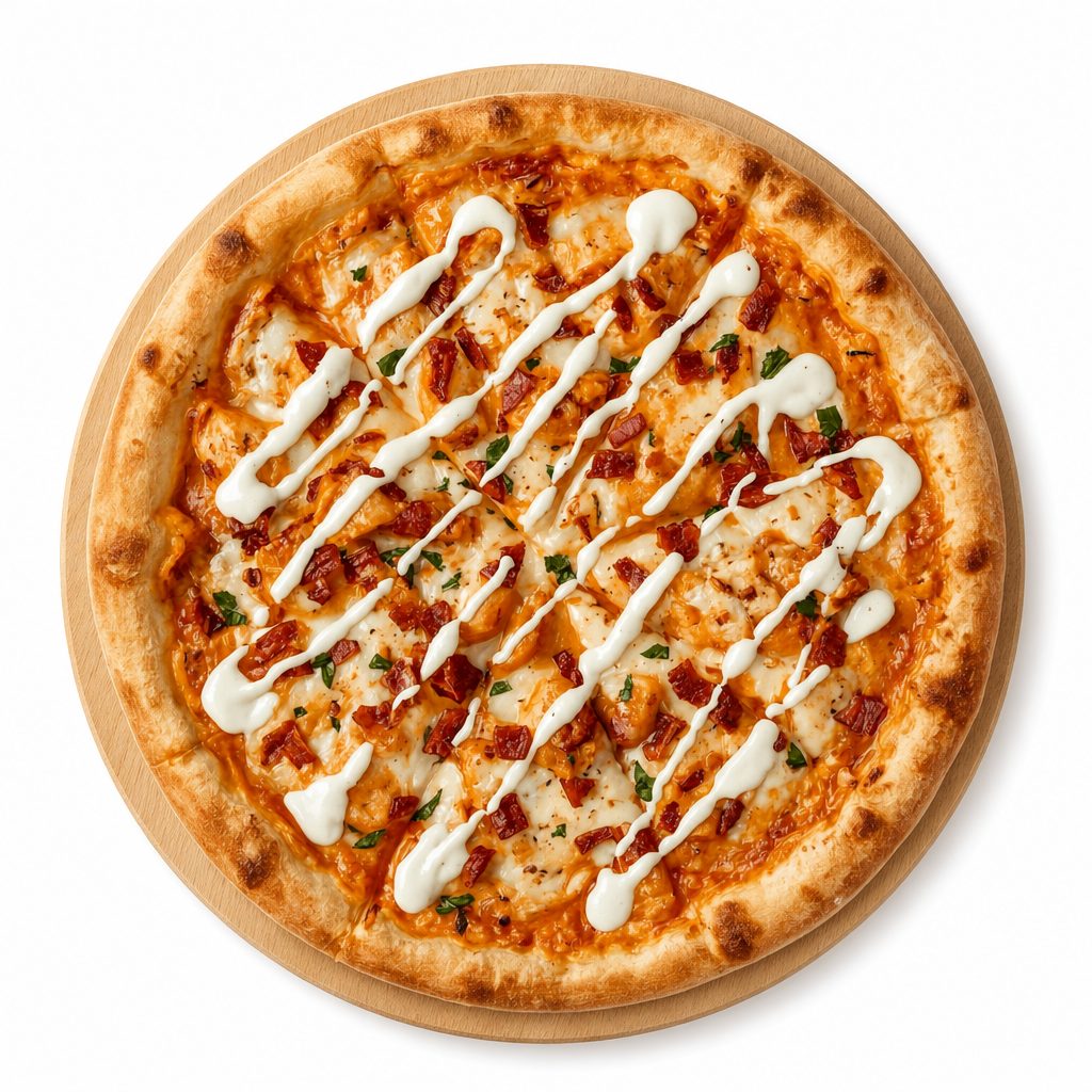 Buffalo Chicken Bacon Ranch Pizza.