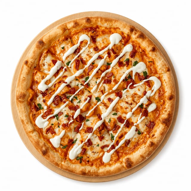Buffalo Chicken Bacon Ranch Pizza.